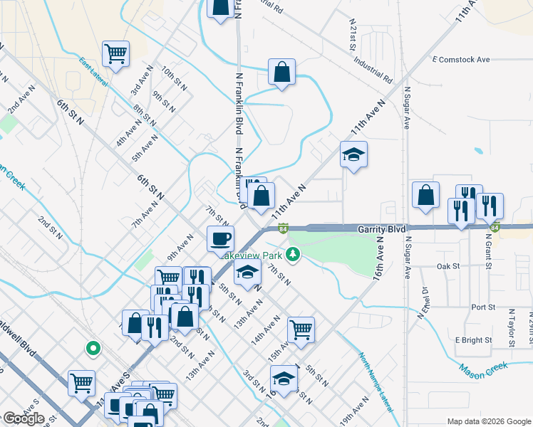 map of restaurants, bars, coffee shops, grocery stores, and more near 306 North Franklin Boulevard in Nampa