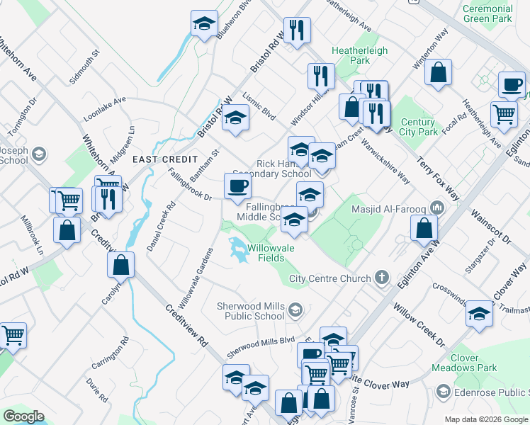 map of restaurants, bars, coffee shops, grocery stores, and more near 5261 River Forest Court in Mississauga