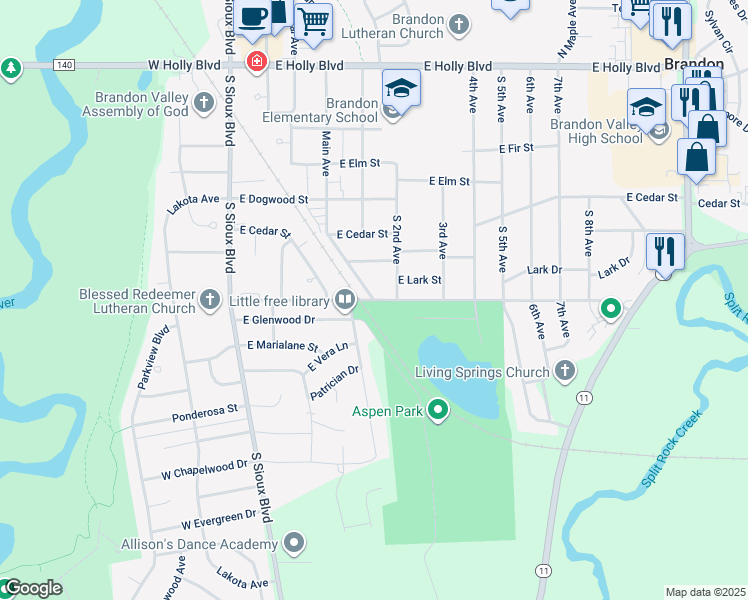 map of restaurants, bars, coffee shops, grocery stores, and more near 439 Aspen Boulevard in Brandon