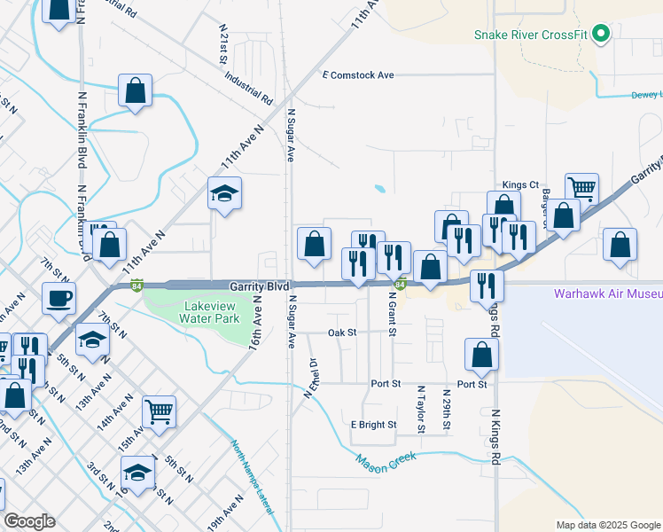 map of restaurants, bars, coffee shops, grocery stores, and more near 1636 Interstate 84 Business Loop in Nampa