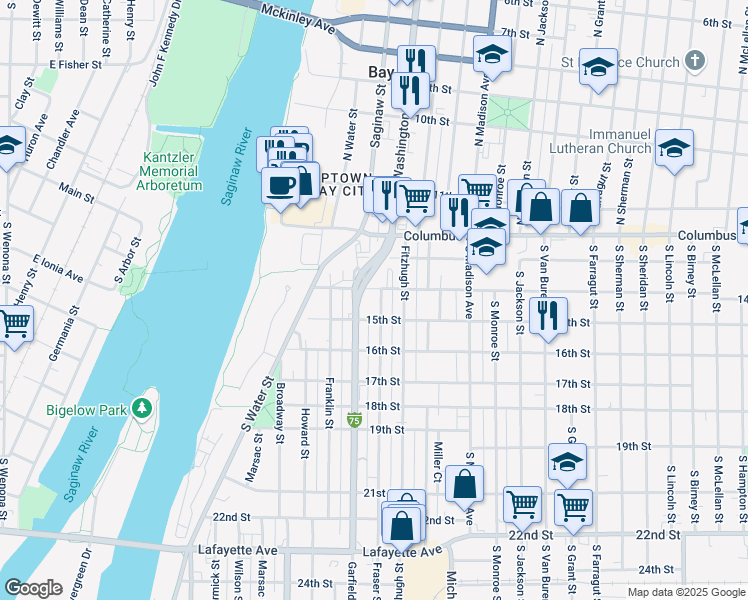 map of restaurants, bars, coffee shops, grocery stores, and more near 317 Garfield Avenue in Bay City