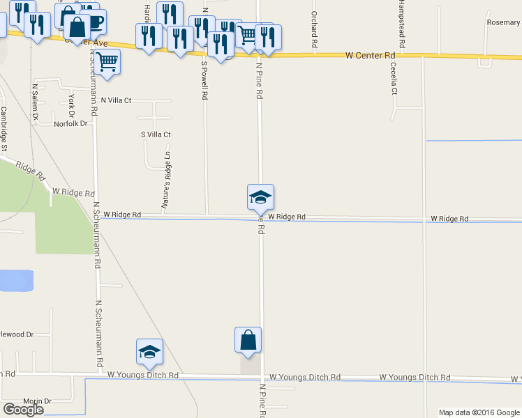 map of restaurants, bars, coffee shops, grocery stores, and more near 1490 West Ridge Road in Bay City