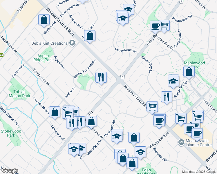 map of restaurants, bars, coffee shops, grocery stores, and more near 3080 Pendleton Road in Mississauga