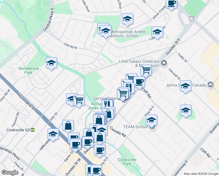 map of restaurants, bars, coffee shops, grocery stores, and more near in Mississauga