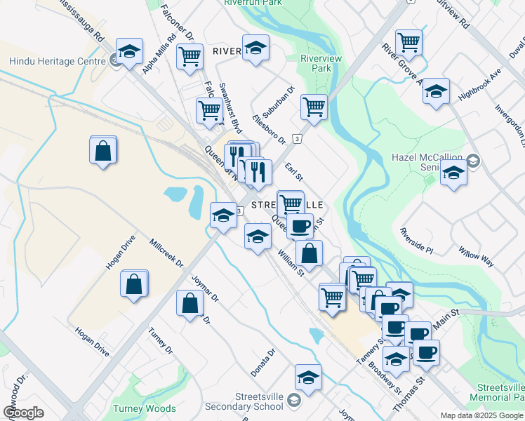 map of restaurants, bars, coffee shops, grocery stores, and more near 12 Queen Street South in Mississauga