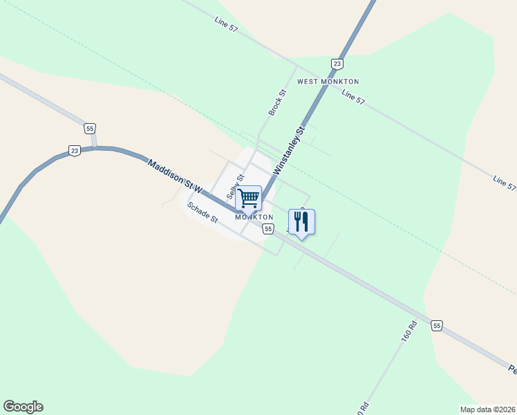 map of restaurants, bars, coffee shops, grocery stores, and more near 22 Maddison Street East in Perth County