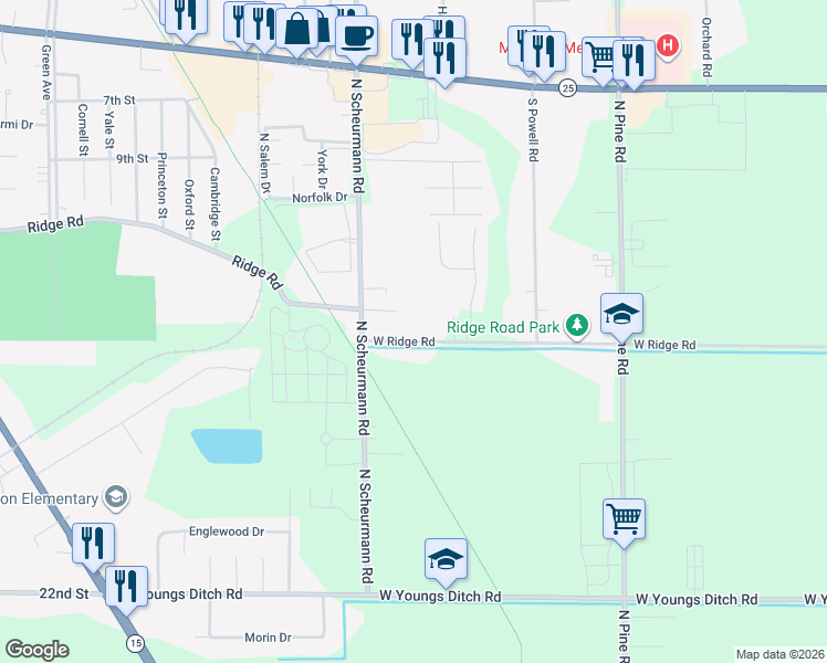 map of restaurants, bars, coffee shops, grocery stores, and more near 1707 West Ridge Road in Bay City