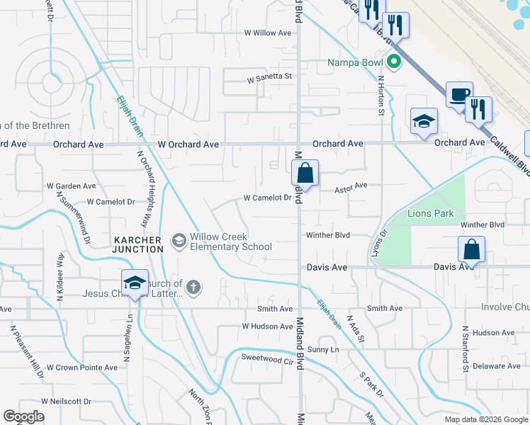map of restaurants, bars, coffee shops, grocery stores, and more near 1113 Winther Boulevard in Nampa