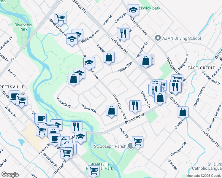 map of restaurants, bars, coffee shops, grocery stores, and more near 5651 River Grove Avenue in Mississauga