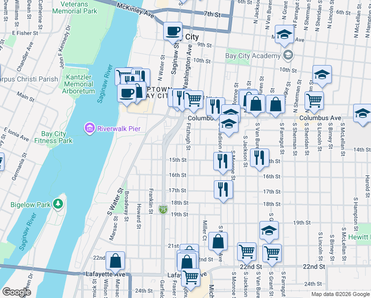 map of restaurants, bars, coffee shops, grocery stores, and more near 316 Fitzhugh Street in Bay City