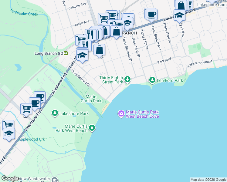 map of restaurants, bars, coffee shops, grocery stores, and more near 4 40th Street in Toronto
