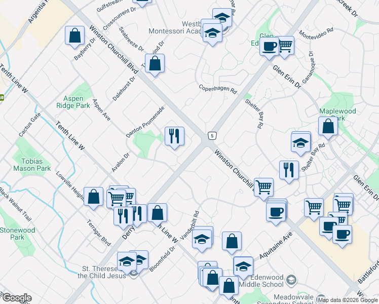 map of restaurants, bars, coffee shops, grocery stores, and more near 3080 Pendleton Road in Mississauga