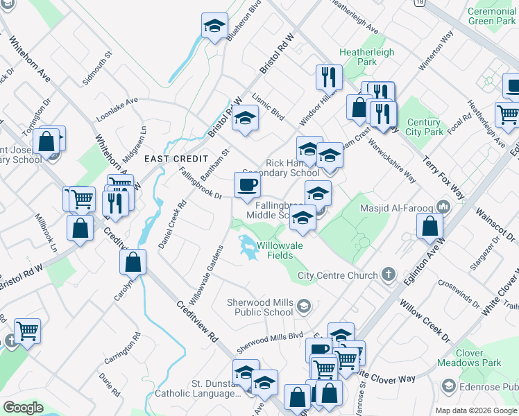 map of restaurants, bars, coffee shops, grocery stores, and more near 5281 River Forest Court in Mississauga