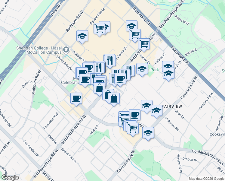 map of restaurants, bars, coffee shops, grocery stores, and more near 3888 Duke of York Boulevard in Mississauga