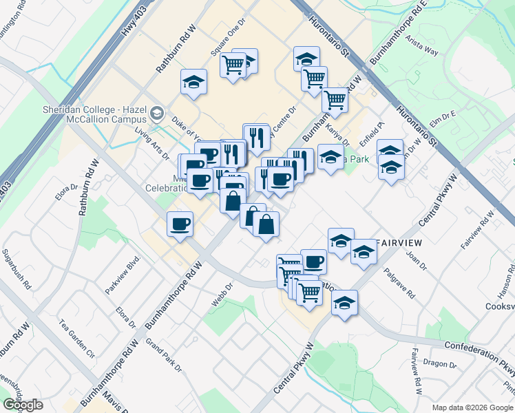 map of restaurants, bars, coffee shops, grocery stores, and more near in Mississauga