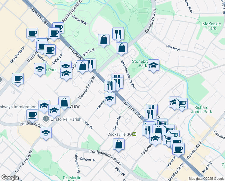 map of restaurants, bars, coffee shops, grocery stores, and more near Hurontario St & Fairview Rd W in Mississauga