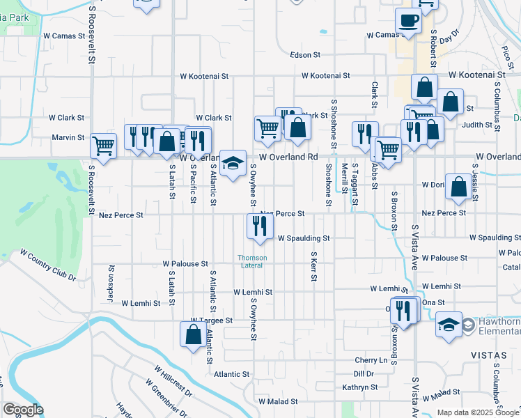 map of restaurants, bars, coffee shops, grocery stores, and more near 3379 Nez Perce Street in Boise