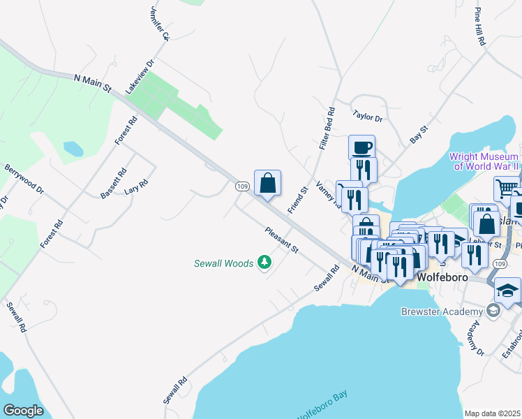 map of restaurants, bars, coffee shops, grocery stores, and more near 158 North Main Street in Wolfeboro