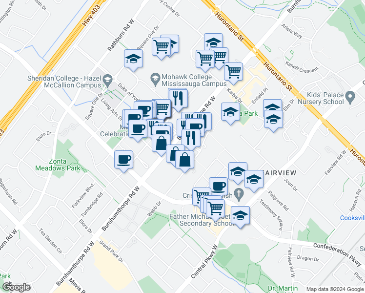 map of restaurants, bars, coffee shops, grocery stores, and more near in Mississauga