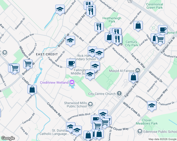 map of restaurants, bars, coffee shops, grocery stores, and more near 5217 Fallingbrook Drive in Mississauga