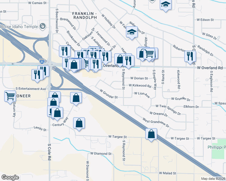 map of restaurants, bars, coffee shops, grocery stores, and more near 6702 West Grunder Street in Boise