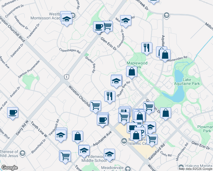 map of restaurants, bars, coffee shops, grocery stores, and more near in Mississauga