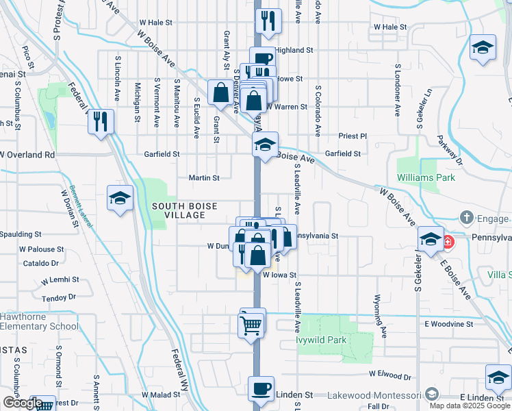 map of restaurants, bars, coffee shops, grocery stores, and more near South Broadway Avenue in Boise