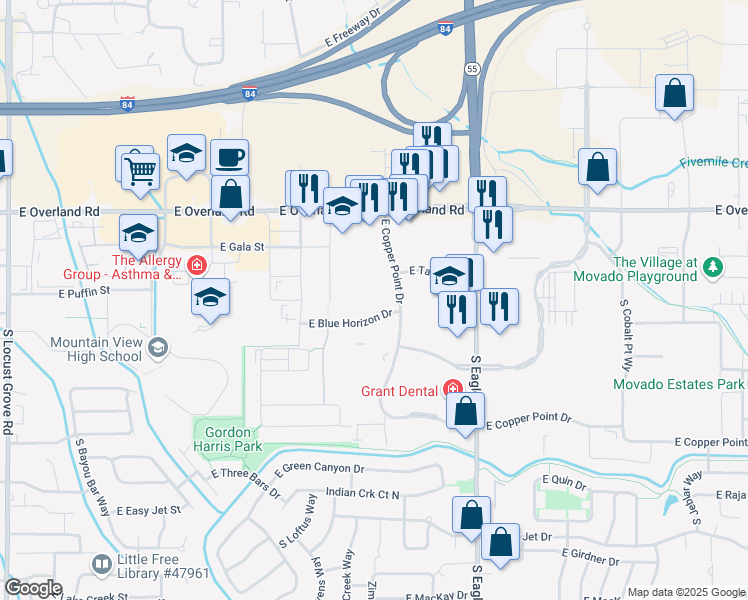 map of restaurants, bars, coffee shops, grocery stores, and more near 1937 South Bonito Way in Meridian