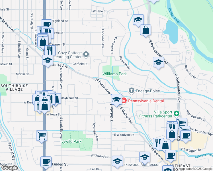 map of restaurants, bars, coffee shops, grocery stores, and more near 280 West Boise Avenue in Boise