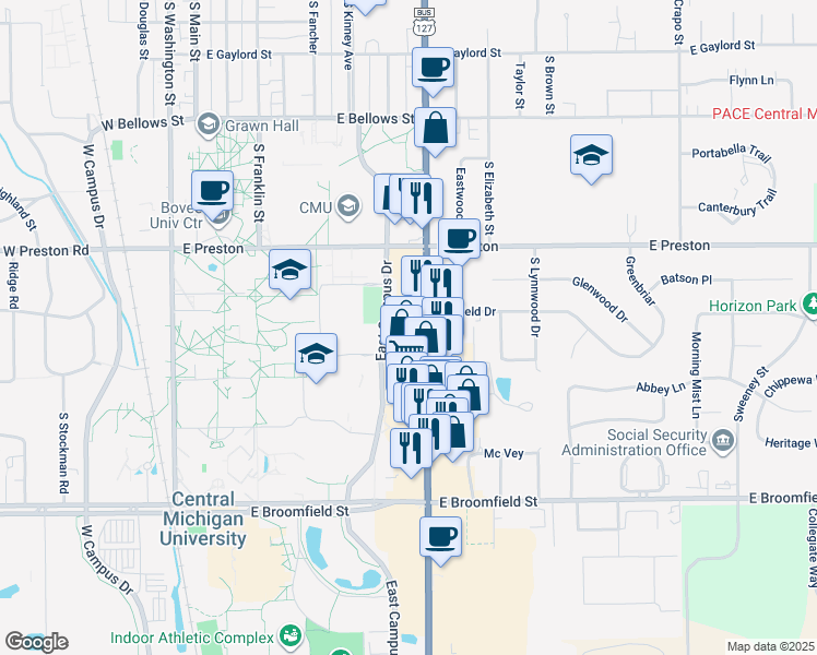 map of restaurants, bars, coffee shops, grocery stores, and more near 1526 South Mission Street in Mount Pleasant