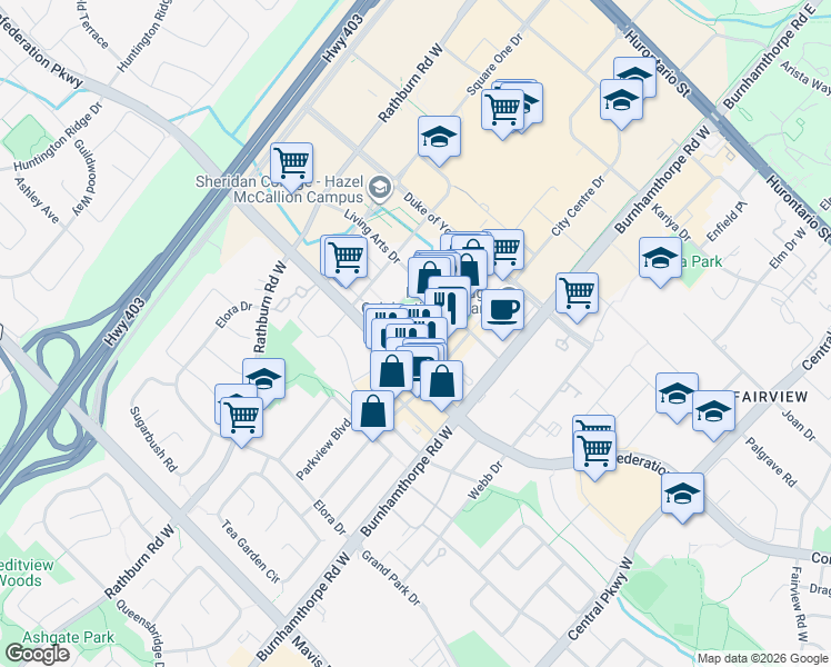 map of restaurants, bars, coffee shops, grocery stores, and more near 350 Princess Royal Drive in Mississauga