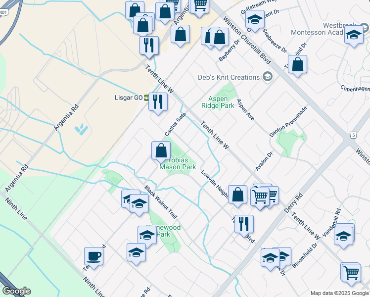 map of restaurants, bars, coffee shops, grocery stores, and more near in Mississauga