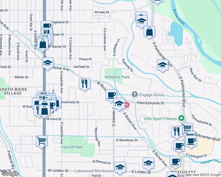 map of restaurants, bars, coffee shops, grocery stores, and more near 208 West Boise Avenue in Boise