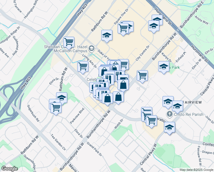 map of restaurants, bars, coffee shops, grocery stores, and more near in Mississauga