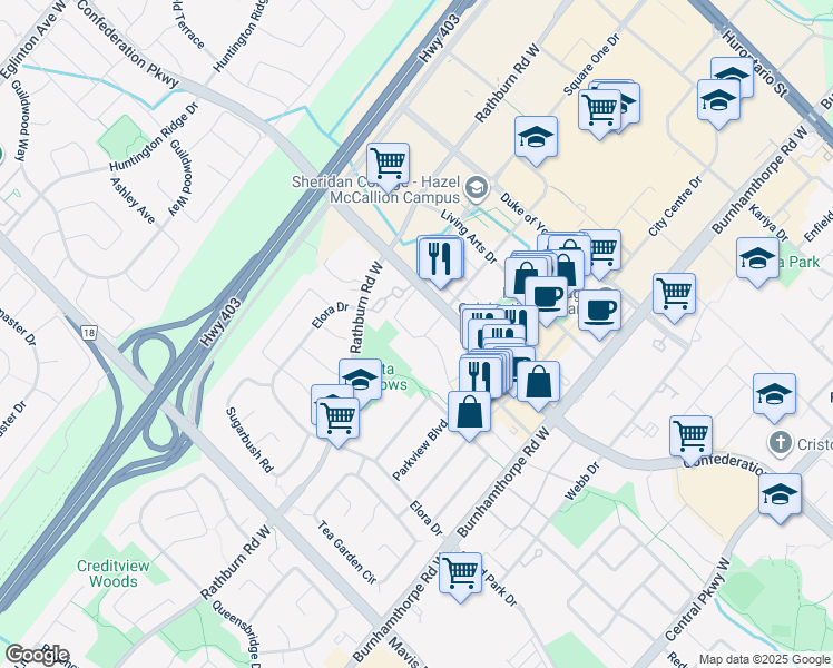 map of restaurants, bars, coffee shops, grocery stores, and more near 344 Wallenberg Crescent in Mississauga