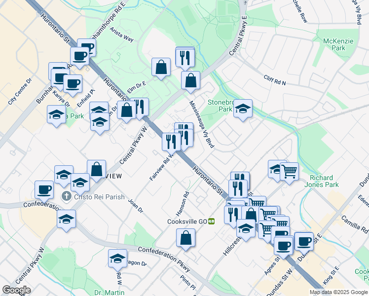 map of restaurants, bars, coffee shops, grocery stores, and more near 3355 Hurontario Street in Mississauga