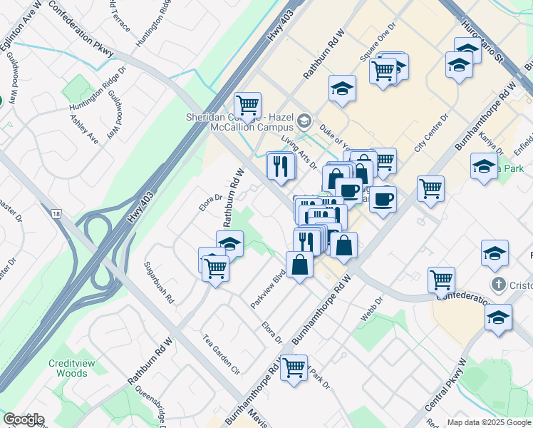 map of restaurants, bars, coffee shops, grocery stores, and more near 4130 Parkside Village Drive in Mississauga