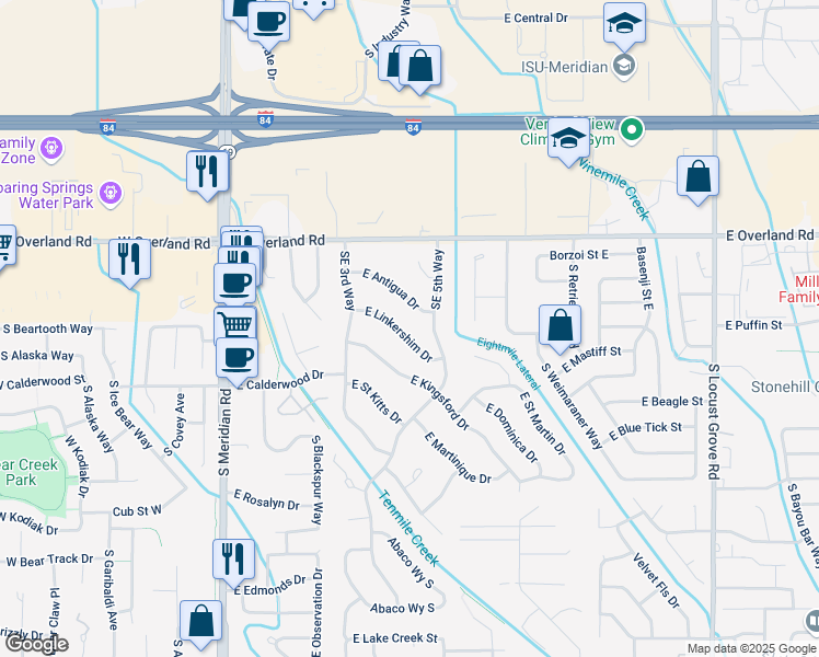 map of restaurants, bars, coffee shops, grocery stores, and more near 661 East Linkershim Drive in Meridian