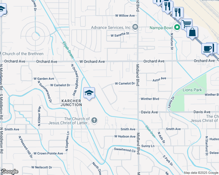 map of restaurants, bars, coffee shops, grocery stores, and more near 224 North Sherwood Drive in Nampa