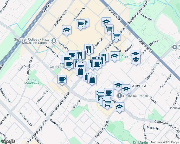 map of restaurants, bars, coffee shops, grocery stores, and more near 3888 Duke of York Boulevard in Mississauga