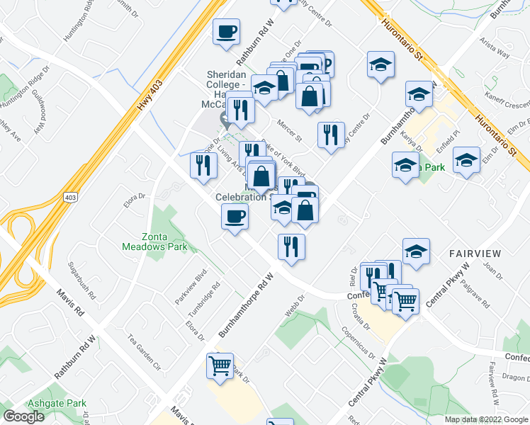 map of restaurants, bars, coffee shops, grocery stores, and more near 333 City Centre Drive in Mississauga