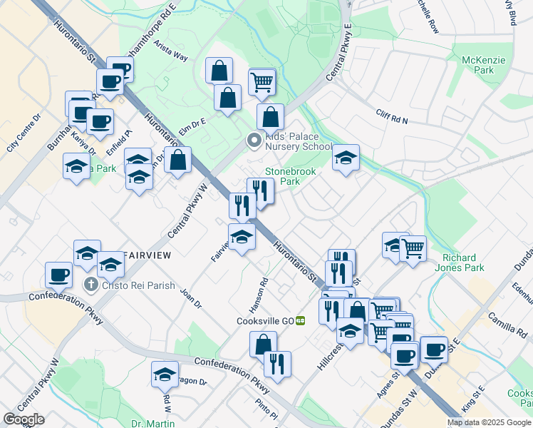 map of restaurants, bars, coffee shops, grocery stores, and more near 3355 Hurontario Street in Mississauga
