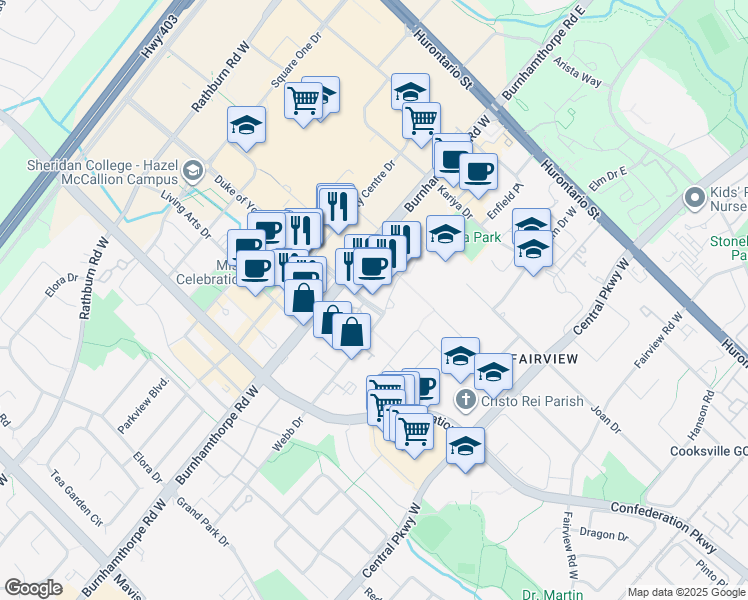 map of restaurants, bars, coffee shops, grocery stores, and more near 3885 Duke of York Boulevard in Mississauga