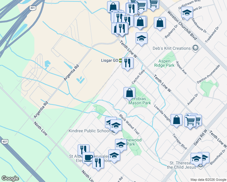map of restaurants, bars, coffee shops, grocery stores, and more near 3266 Apricot Street in Mississauga