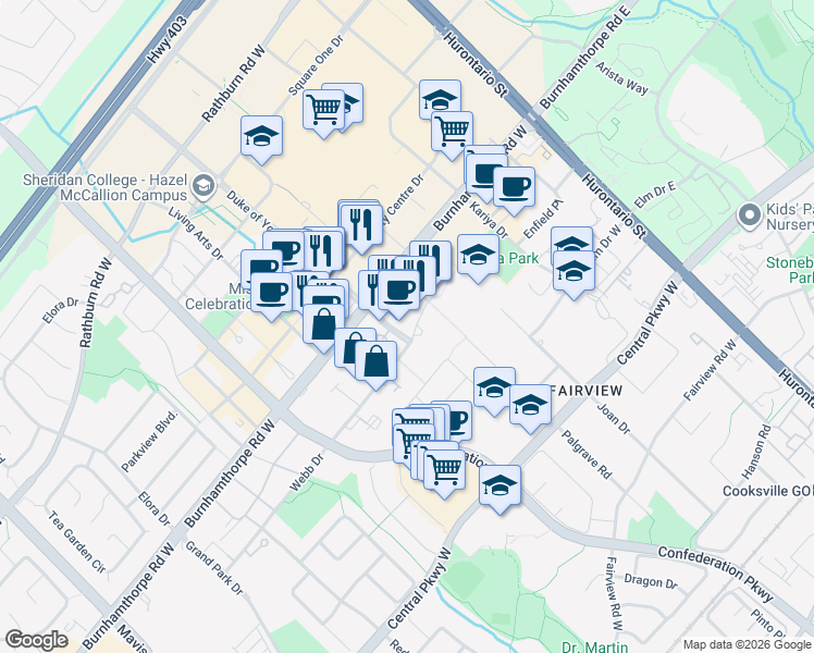 map of restaurants, bars, coffee shops, grocery stores, and more near 225 Webb Drive in Mississauga