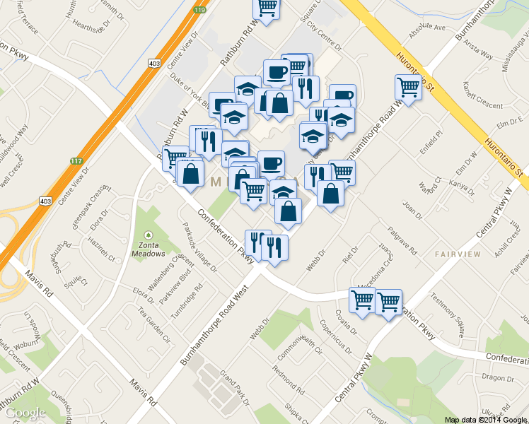 map of restaurants, bars, coffee shops, grocery stores, and more near 4080 Living Arts Drive in Mississauga