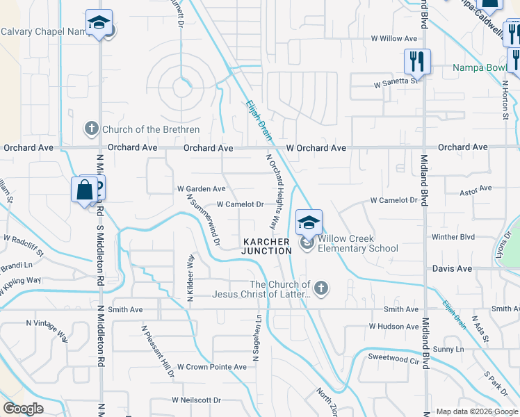 map of restaurants, bars, coffee shops, grocery stores, and more near 1801 West Camelot Drive in Nampa