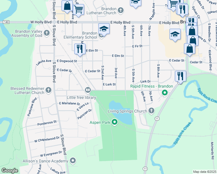 map of restaurants, bars, coffee shops, grocery stores, and more near 505 Aspen Boulevard in Brandon