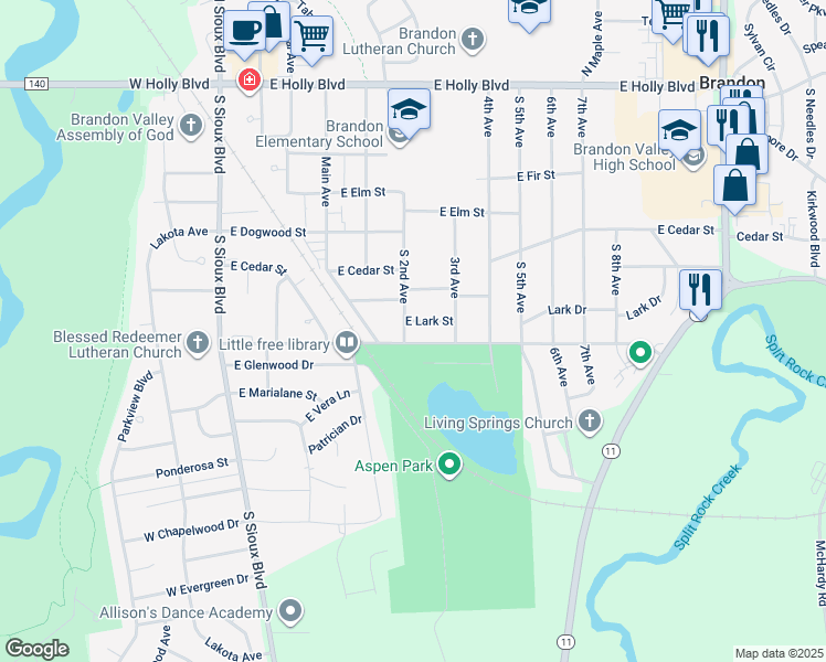 map of restaurants, bars, coffee shops, grocery stores, and more near 439-499 Aspen Boulevard in Brandon