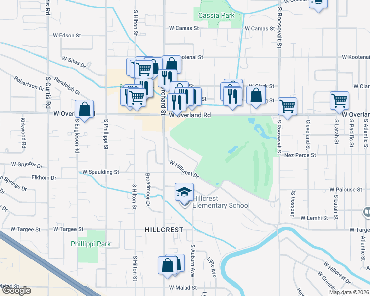 map of restaurants, bars, coffee shops, grocery stores, and more near 4900 West Hillcrest Drive in Boise